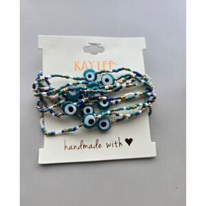 Kay Lee Blue Beaded Evil Eye Stretch Bracelet New